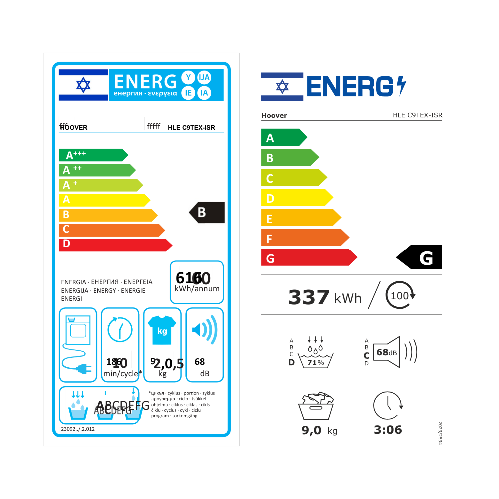 דירוג אנרגיה מייבש כביסה Hoover HLEC9TEXISR | ישראלי - G | אירופאי - B