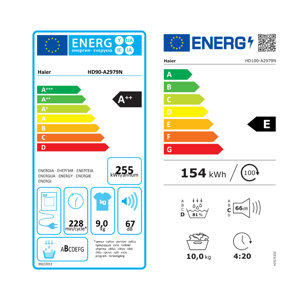 תווית אנרגיה A++, E - מייבש כביסה 9 ק"ג Haier HD90A2979N