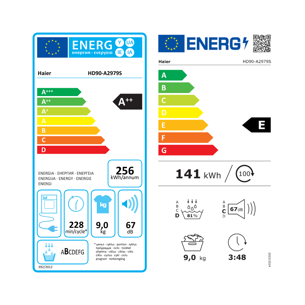 דירוג אנרגיה A++, E - מייבש כביסה 9 ק"ג Haier HD90A2979S