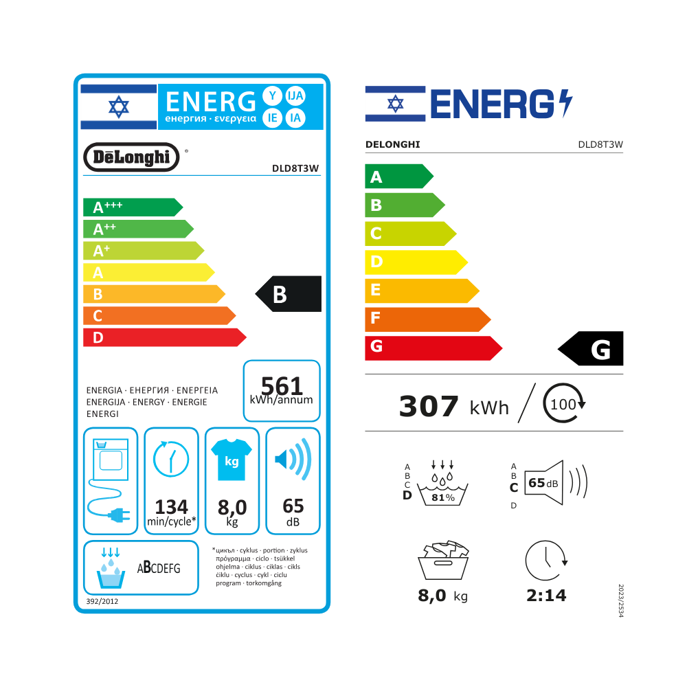 דירוג אנרגיה B / G - מייבש כביסה קונדנסור 8 ק״ג DeLonghi DLD8T3W	