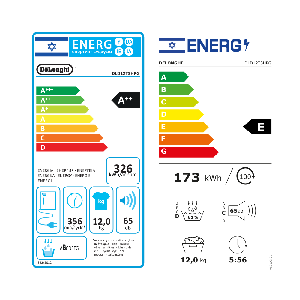 דירוג אנרגיה A++ / E - מייבש כביסה קונדנסור 12 ק״ג DeLonghi DLD12T3HPG	