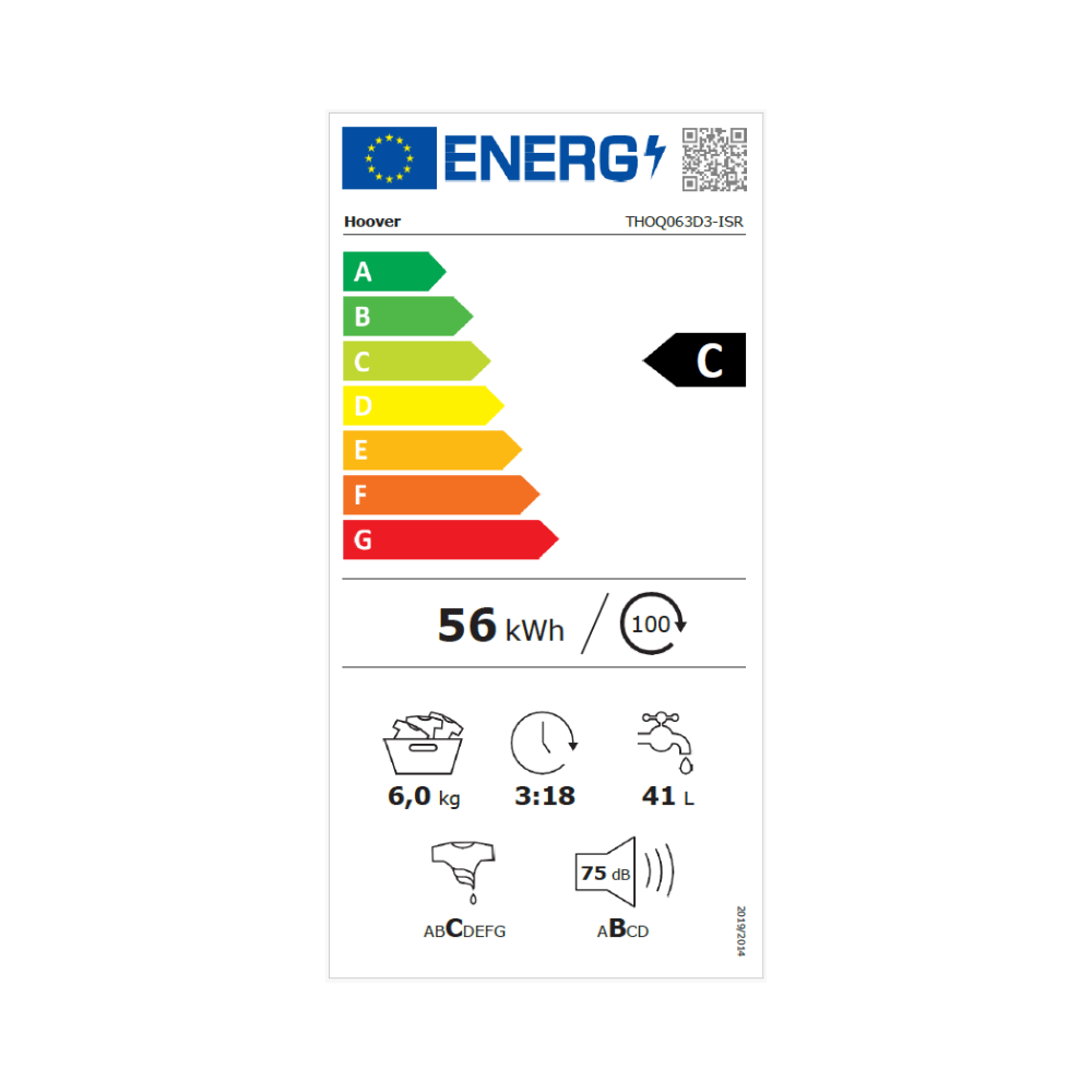 דירוג אנרגיה C - מכונת כביסה 6 ק"ג פתח עליון Hoover THOQ063D3-ISR