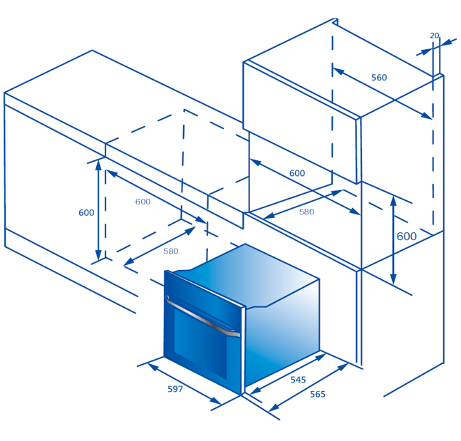 מידות - תנור אפייה בנוי 72 ליטר Haier HOQ-K5AAN3