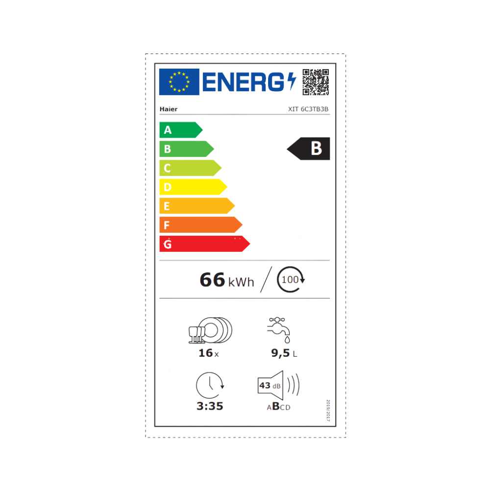 דירוג אנרגיה B - מדיח כלים אינטגרלי 60 ס"מ Haier XIT6C3TB3B