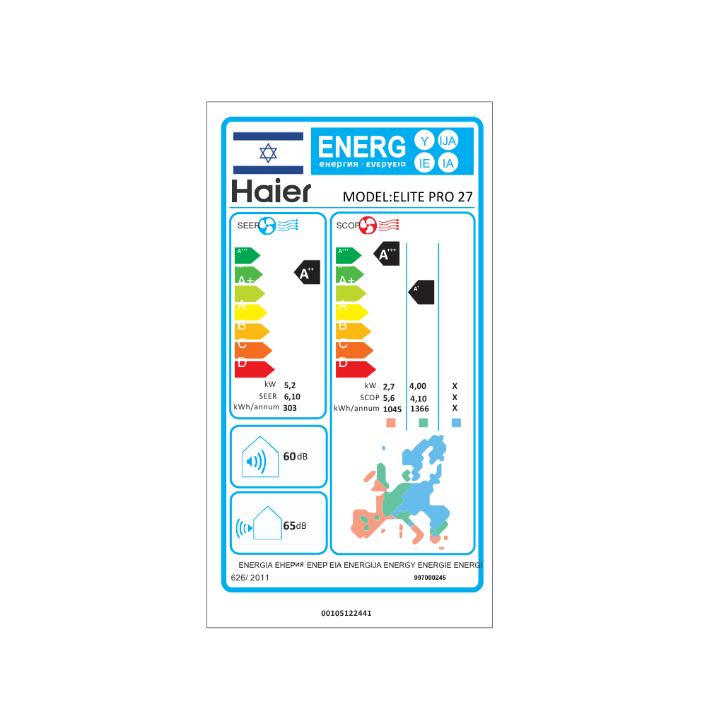 דירוג אנרגיה A / A++ - מזגן עילי Haier Pro Inv Elite Pro 27