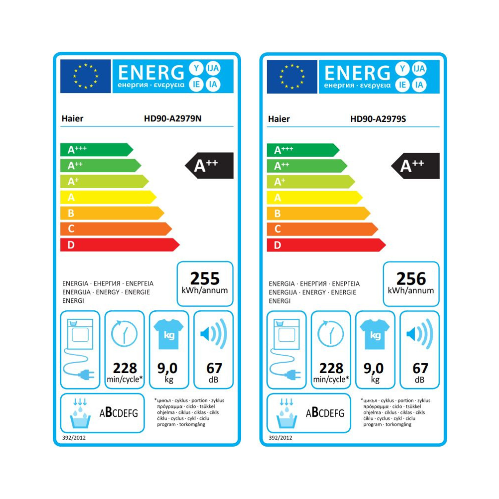 דירוג אנרגיה A++ - מייבש כביסה 9 ק"ג Haier HD90-A2979 בצבעים שחור ולבן