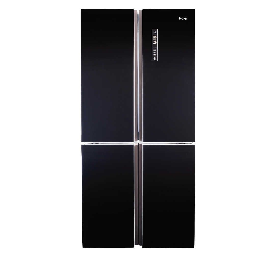 מקרר 4 דלתות Haier HRF5500FB בנפח 519 ליטר עם Inverter ו-No Frost — זכוכית שחורה